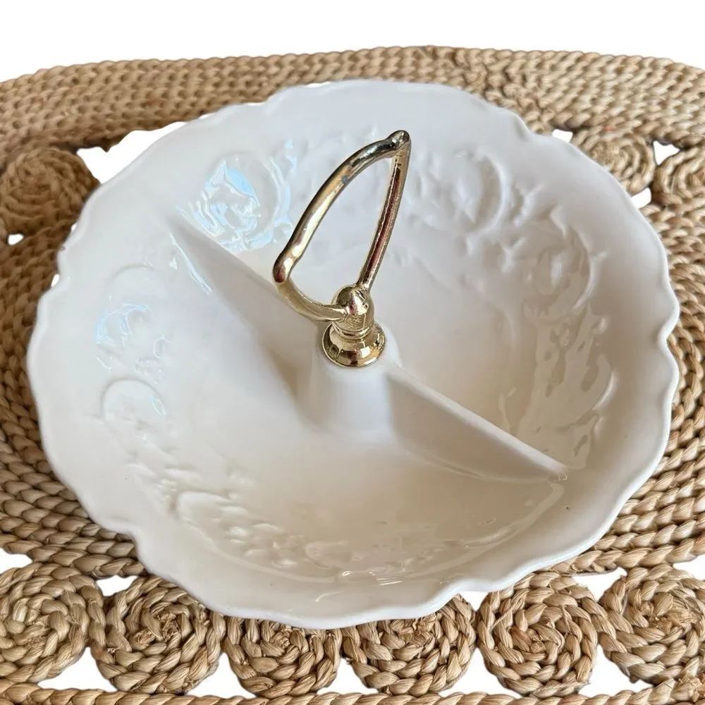 Vintage California Pottery Embossed Divided Dish RZ3 Gold Tone Metal Ring Handle